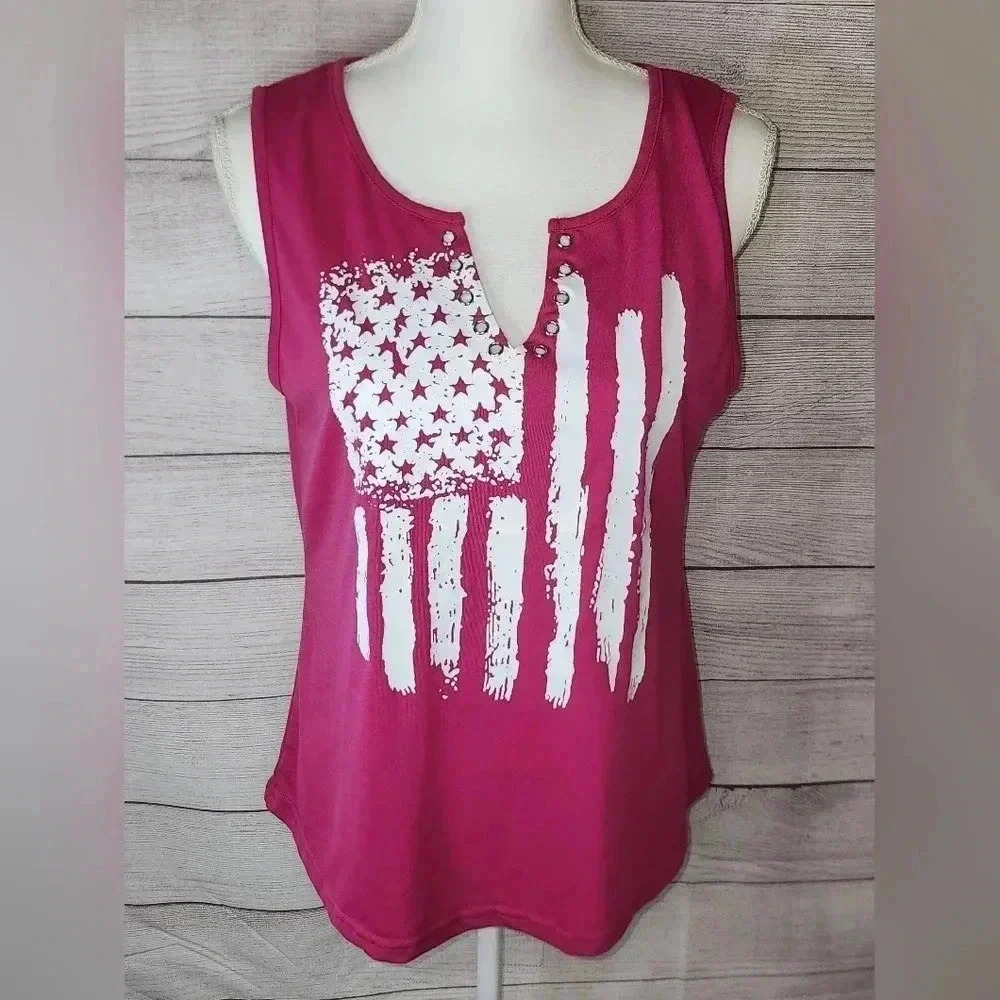 Women's Sleeveless Top With American Flag Graphic And Grommet Detail Size Medium